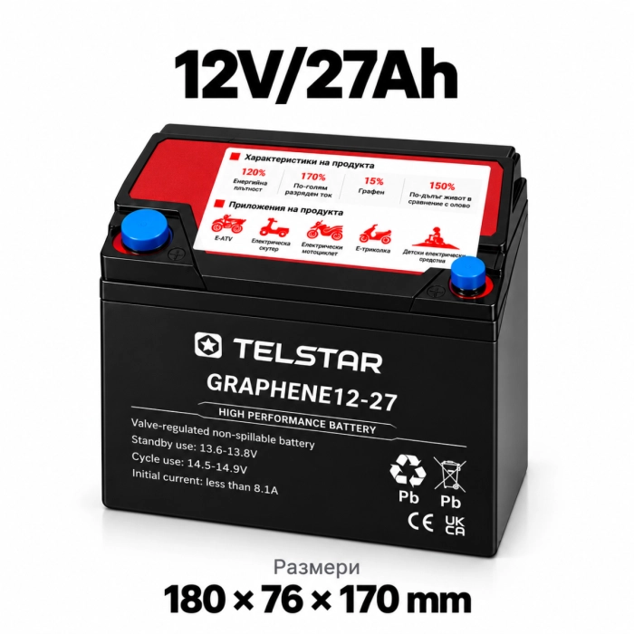 12V 20Ah-23Ah-27Ah гелова батерия усилена за електрически триколки и скутери - Размер 180x76x170 mm - 4448 | TelStar 12V 20Ah-23Ah-27Ah гелова батерия усилена за електрически триколки и скутери - Размер 180x76x170 mm - 4448